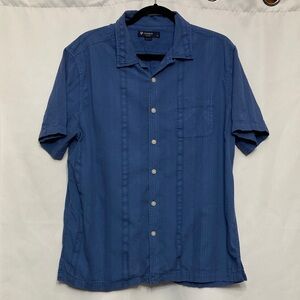 Cremieux Classics Men Blue Textured Vertical Panel Guayabera Camp Shirt L